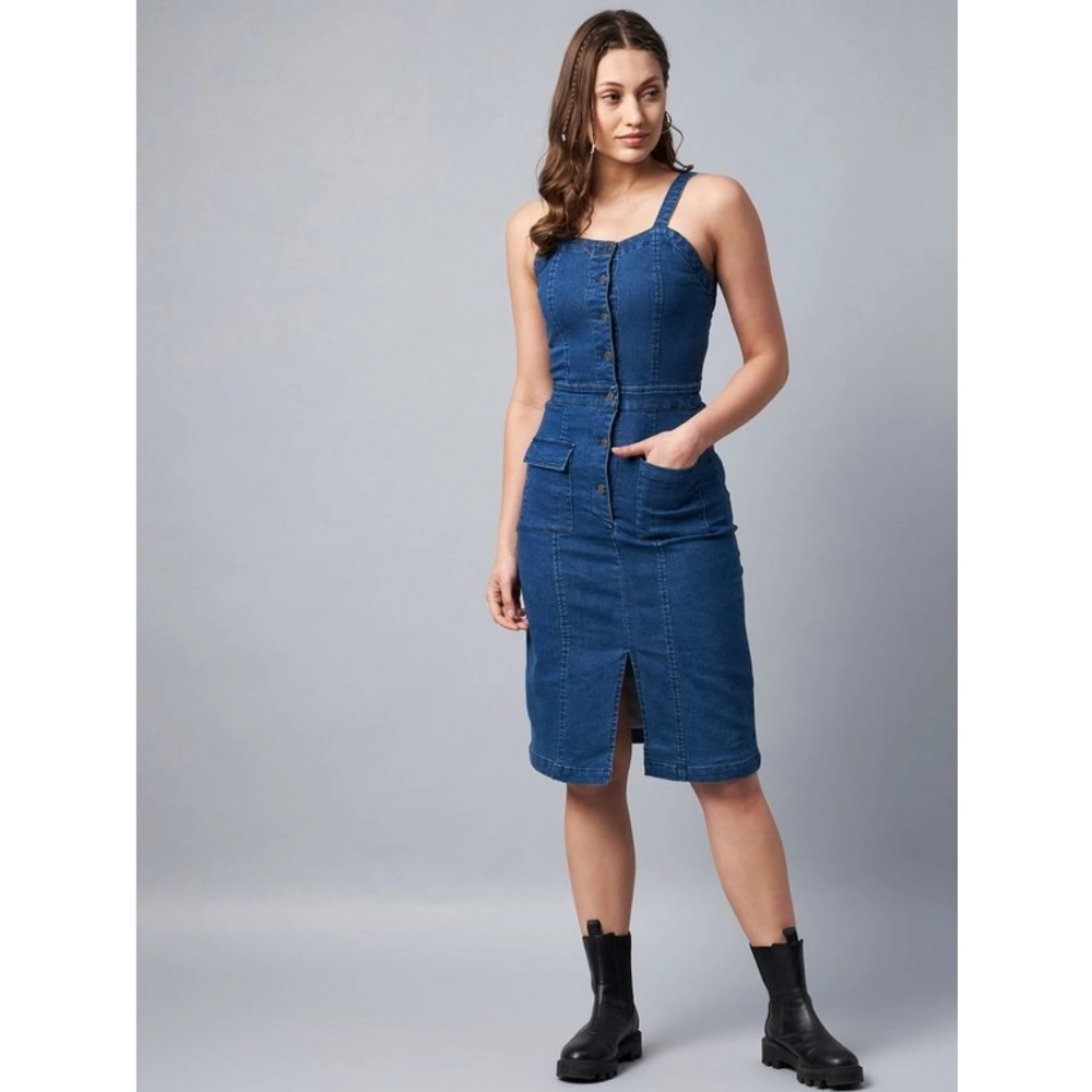 Women's Denim Lycra Solid Square Neck Shoulder Straps Dress (Blue) - Image 2