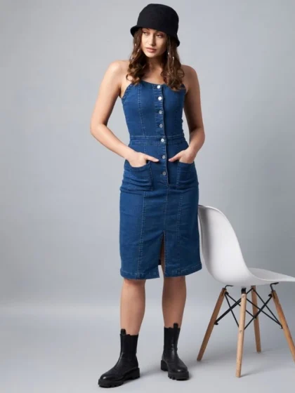 Women's Denim Lycra Solid Square Neck Shoulder Straps Dress (Blue)