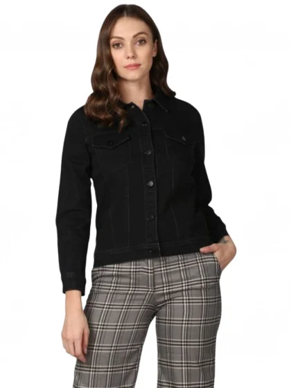 Women's Denim Solid Long Sleeve Jacket (Black)