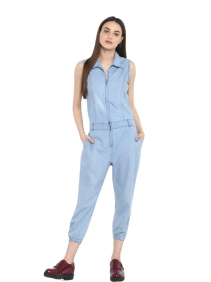 Women's Denim Solid Sleeveless Jumpsuit (Blue)