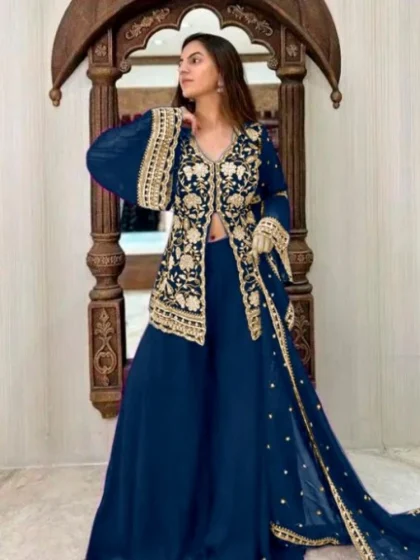 Women's Georgette Embroidery 3-4th Sleeve V-Neck Kurti, Palazzo And Dupatta Set (Morpich)