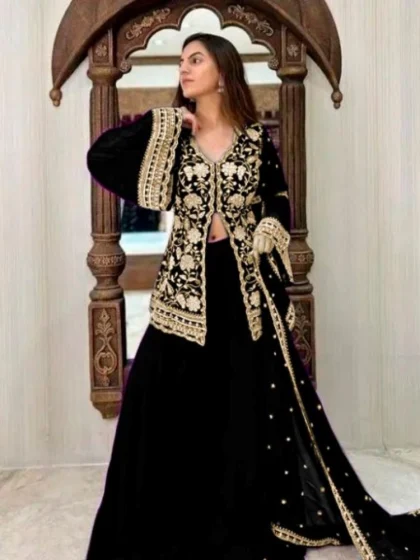 Women's Georgette Embroidery 3-4th Sleeve V-Neck Kurti, Palazzo And Dupatta Set (Black)