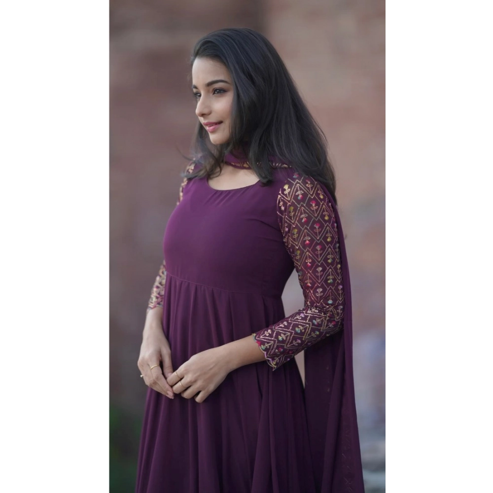 Women's Georgette Embroidery 3-4th Sleeve Round Neck Kurti with Dupatta Set (Wine) - Image 2