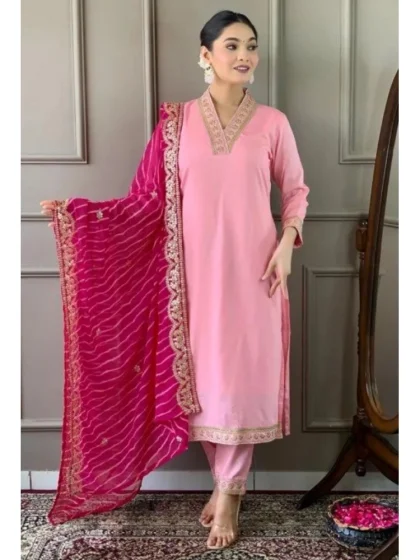 Women's Roman Silk Embroidery 3-4th Sleeve V-Neck Kurti With Pant Dupatta Set (Pink)