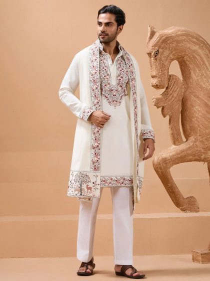 XXL Stunning White Embroidered Silk Wedding Wear Men’s Kurta With Dupatta