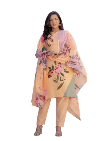 Women's Cotton Blend Printed Kurti With Pant Dupatta Set (Orange)