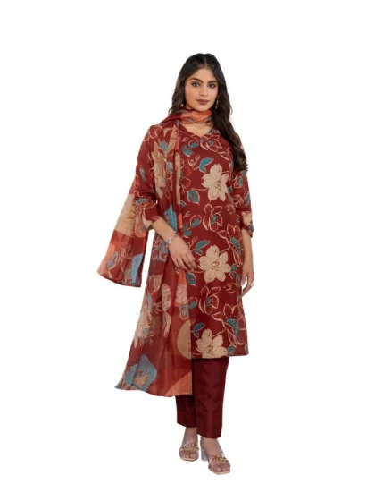Women's Cotton Blend Printed Kurti With Pant Dupatta Set (Rust)