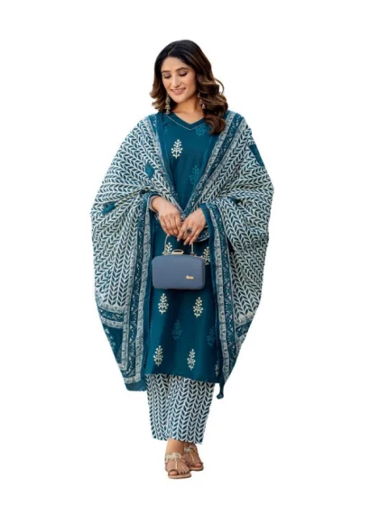 Women's Cotton Blend Printed Kurti With Pant Dupatta Set (Morpichh)