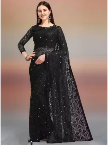 Women's Net Self Design Saree With Unstitched Blouse 5.5Mtr?(Black)