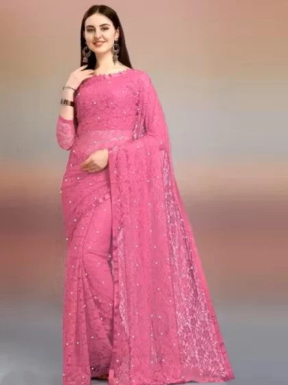 Women's Net Self Design Saree With Unstitched Blouse 5.5Mtr?(Dark Pink)