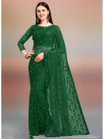 Women's Net Self Design Saree With Unstitched Blouse 5.5Mtr?(Green)