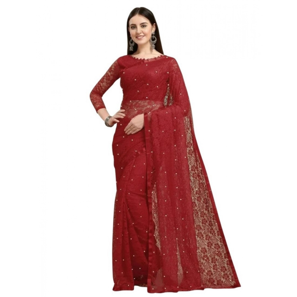 Women's Net Self Design Saree With Unstitched Blouse 5.5Mtr?(Maroon) - Image 2