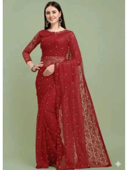 Women's Net Self Design Saree With Unstitched Blouse 5.5Mtr?(Maroon)