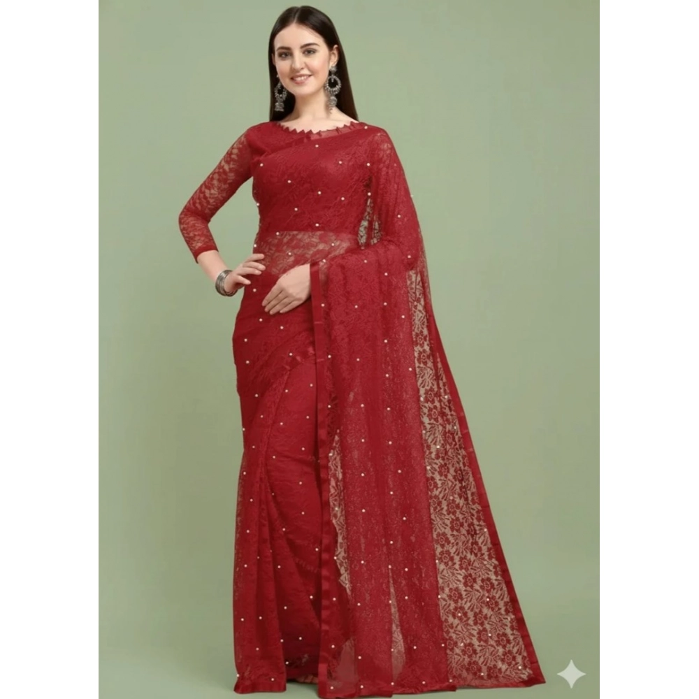 Women's Net Self Design Saree With Unstitched Blouse 5.5Mtr?(Maroon)