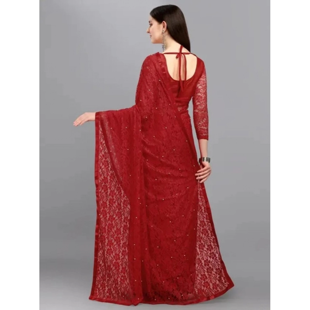 Women's Net Self Design Saree With Unstitched Blouse 5.5Mtr?(Maroon) - Image 4