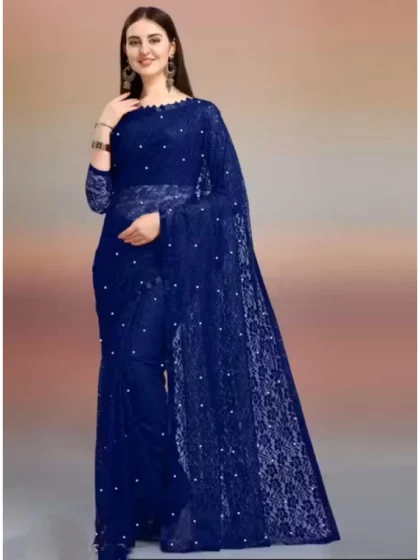 Women's Net Self Design Saree With Unstitched Blouse 5.5Mtr?(Navy Blue)