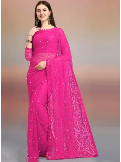 Women's Net Self Design Saree With Unstitched Blouse 5.5Mtr?(Rani)