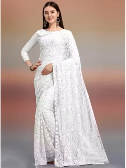 Women's Net Self Design Saree With Unstitched Blouse 5.5Mtr?(White)