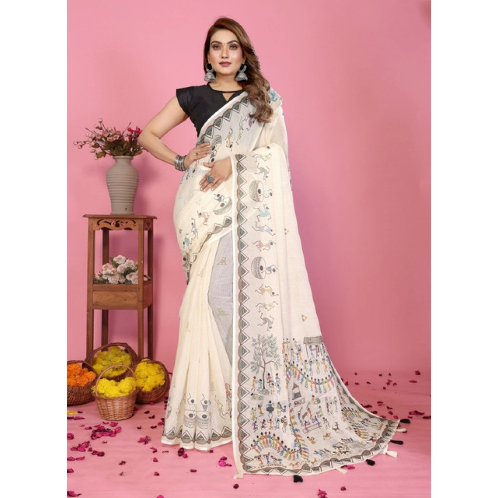 Women's Linen Cotton Printed Saree With Unstitched Blouse 5.5Mtr (Off White) - Image 5