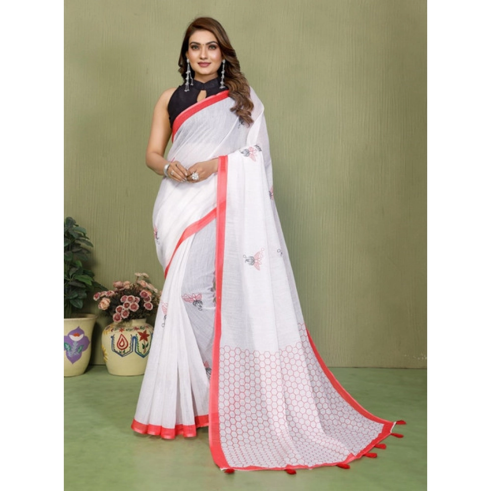 Women's Linen Cotton Printed Saree With Unstitched Blouse 5.5Mtr (White) - Image 5