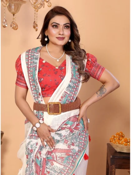 Women's Linen Cotton Printed Saree With Unstitched Blouse 5.5Mtr (Off White)