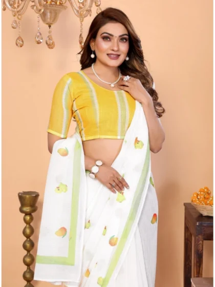 Women's Linen Cotton Printed Saree With Unstitched Blouse 5.5Mtr (White)