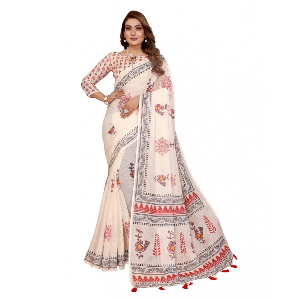 Women's Linen Cotton Printed Saree With Unstitched Blouse 5.5Mtr (Off White) - Image 2