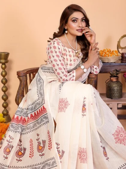 Women's Linen Cotton Printed Saree With Unstitched Blouse 5.5Mtr (Off White)