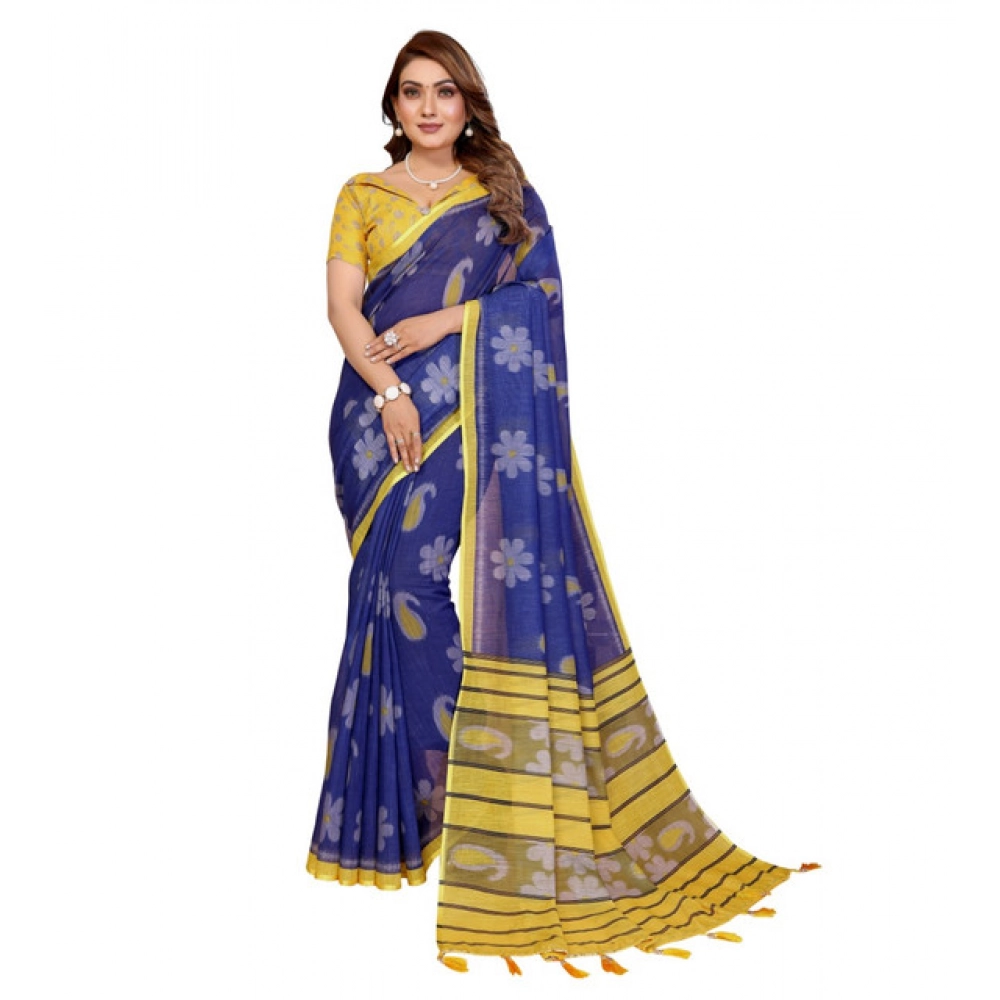 Women's Linen Cotton Printed Saree With Unstitched Blouse 5.5Mtr (Blue) - Image 2