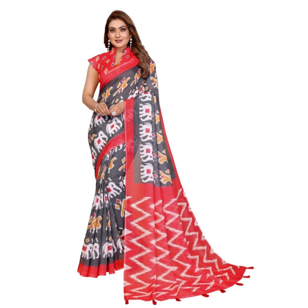 Women's Linen Cotton Printed Saree With Unstitched Blouse 5.5Mtr (Grey) - Image 2