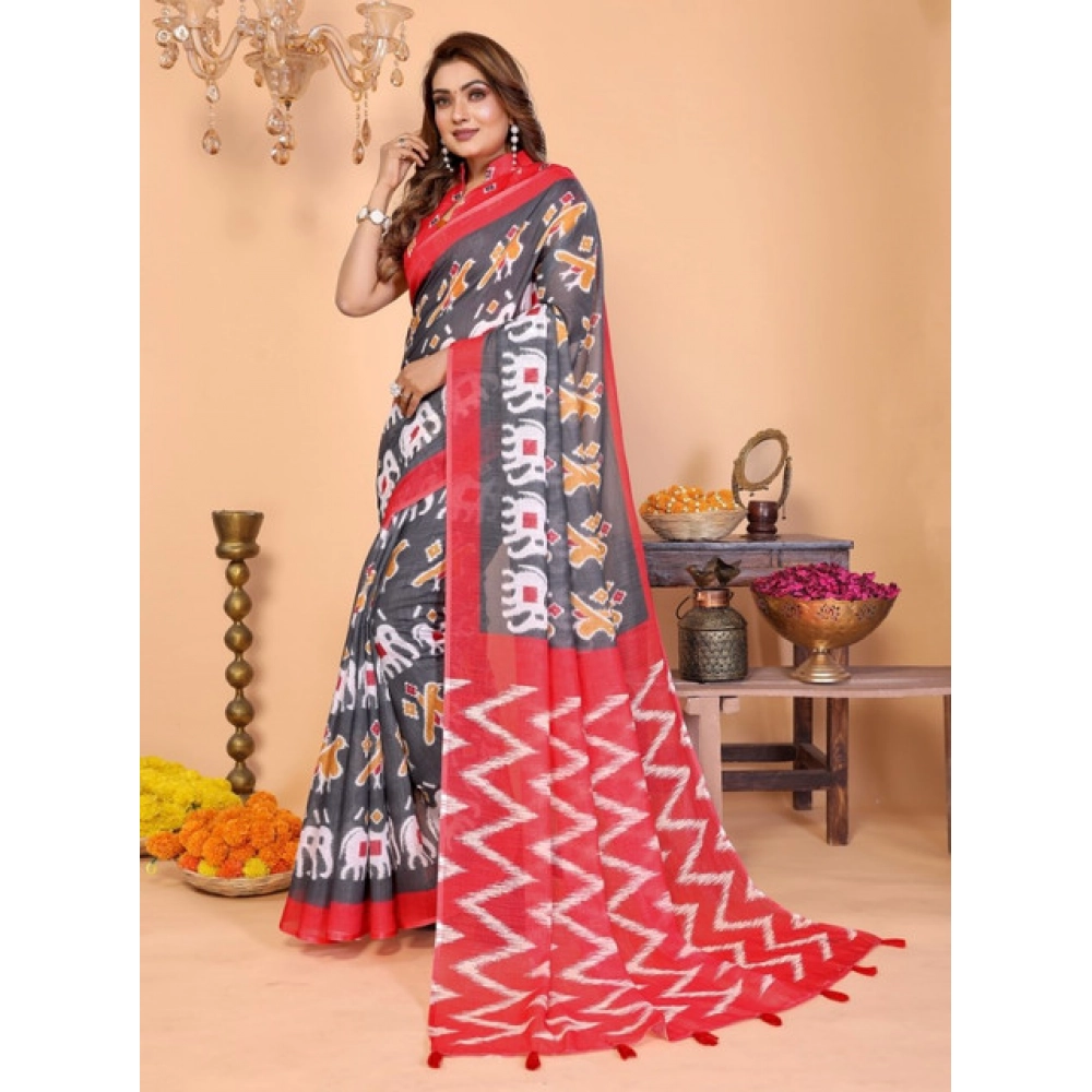 Women's Linen Cotton Printed Saree With Unstitched Blouse 5.5Mtr (Grey) - Image 3