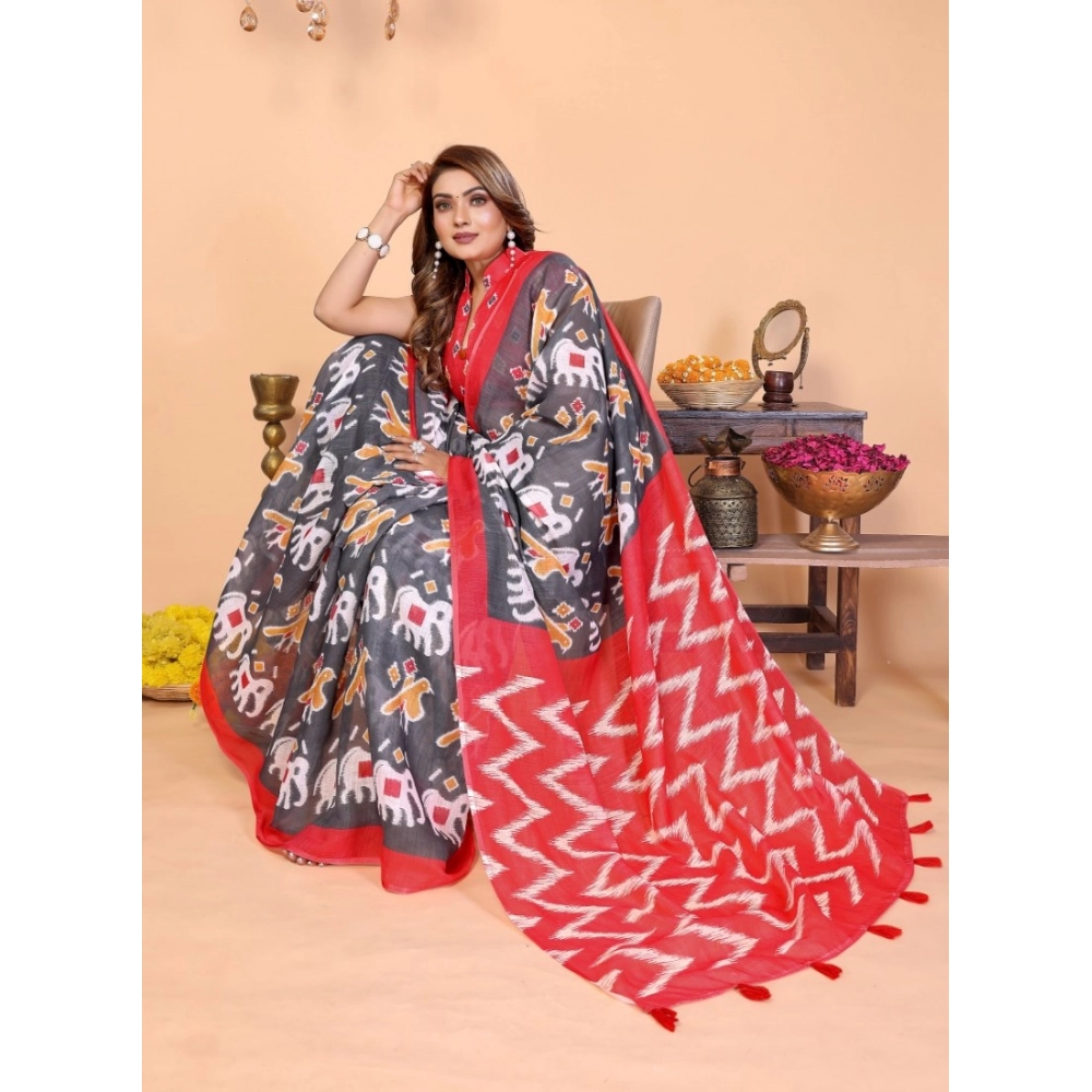 Women's Linen Cotton Printed Saree With Unstitched Blouse 5.5Mtr (Grey) - Image 5