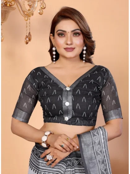 Women's Linen Cotton Printed Saree With Unstitched Blouse 5.5Mtr (White-Black)