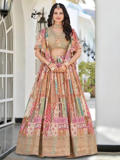 Custom Size Lavishing Beige Chinon Silk Zari Embroidered Lehenga Choli