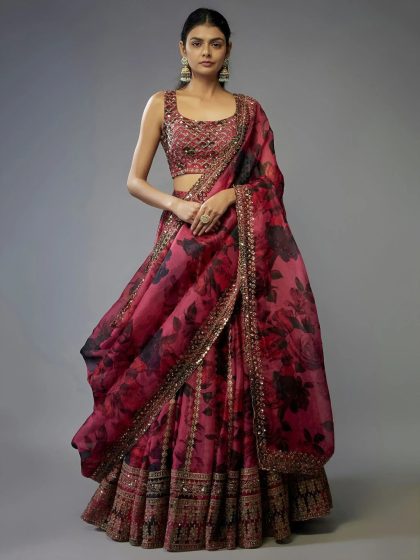 Custom Size Gorgeous Coral Pink Floral Printed Organza Sangeet Wear Lehenga Choli