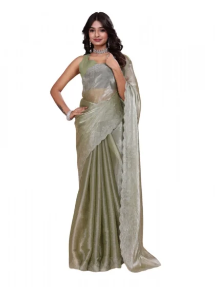 Women's Jimmy choo Embellished Bollywood Saree With Unstitched Blouse 5.5Mtr (Light Green)