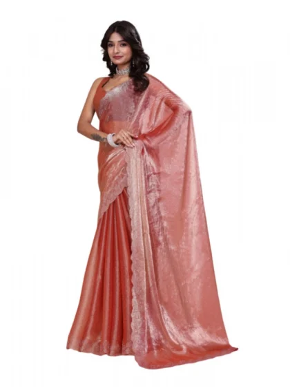 Women's Jimmy choo Embellished Bollywood Saree With Unstitched Blouse 5.5Mtr (Orange)