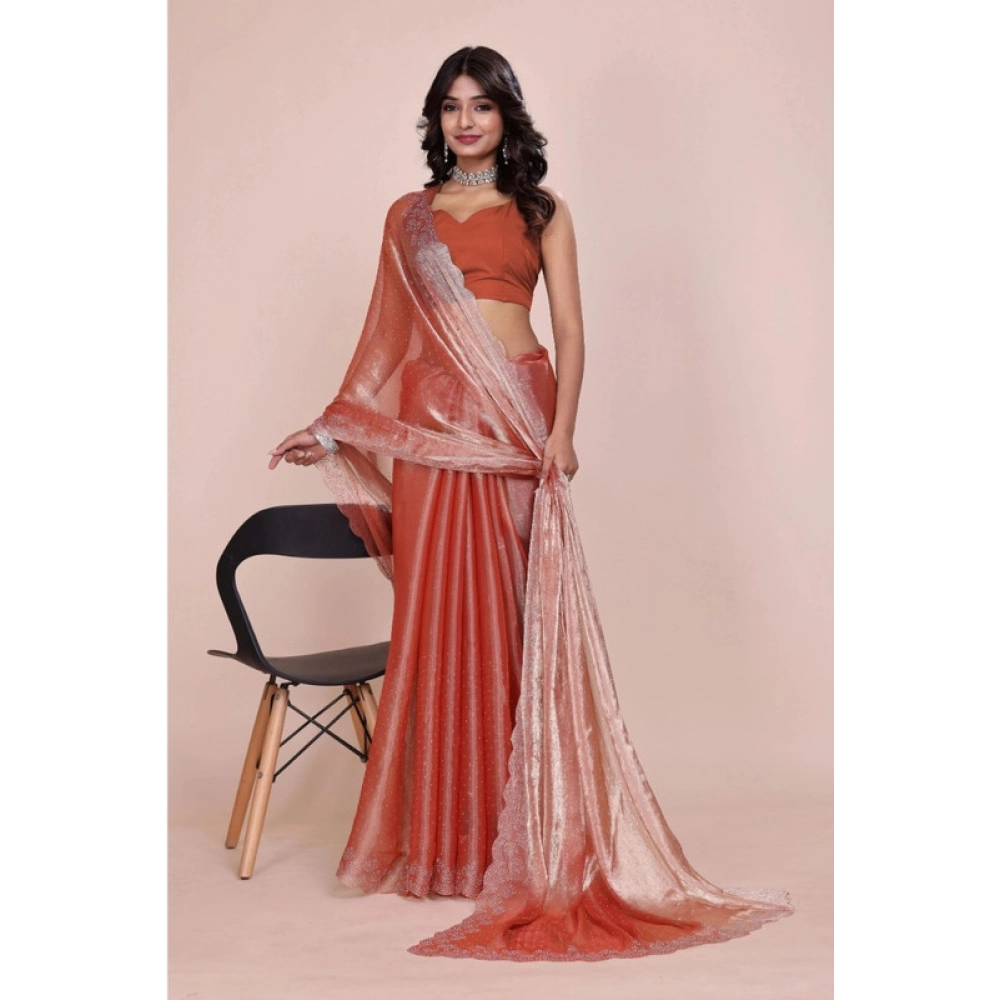 Women's Jimmy choo Embellished Bollywood Saree With Unstitched Blouse 5.5Mtr (Orange) - Image 2
