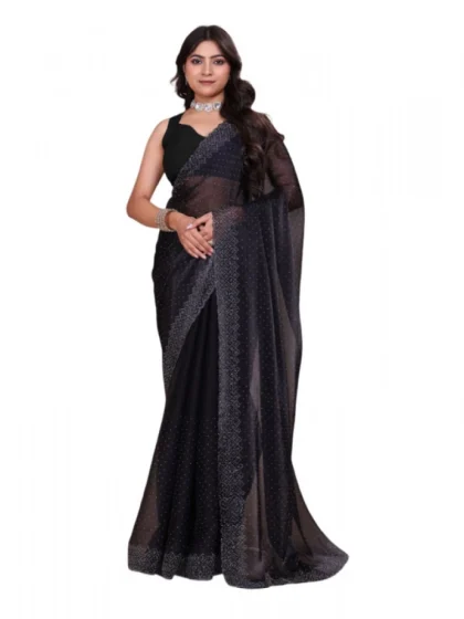 Women's Jimmy choo Embellished Bollywood Saree With Unstitched Blouse 5.5Mtr (Black)