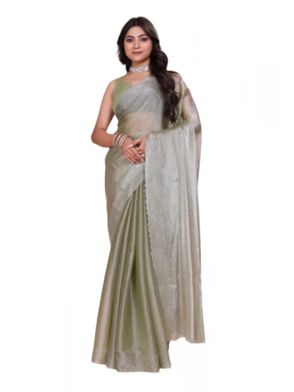 Women's Jimmy choo Embellished Bollywood Saree With Unstitched Blouse 5.5Mtr (Light Green)