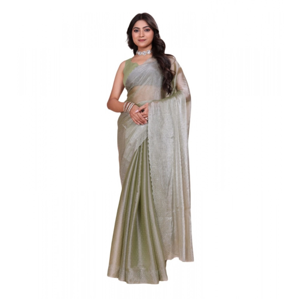 Women's Jimmy choo Embellished Bollywood Saree With Unstitched Blouse 5.5Mtr (Light Green)