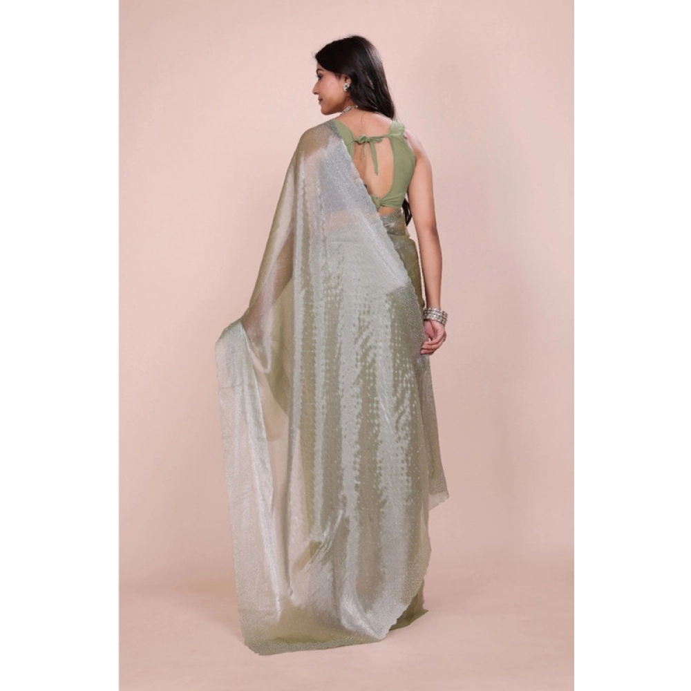 Women's Jimmy choo Embellished Bollywood Saree With Unstitched Blouse 5.5Mtr (Light Green) - Image 2