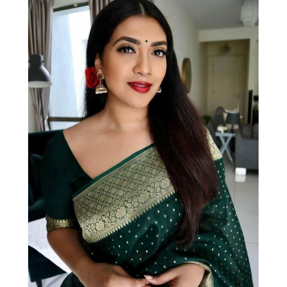 Women's Litchi silk Printed Saree With Unstitched Blouse (Green) - Image 2