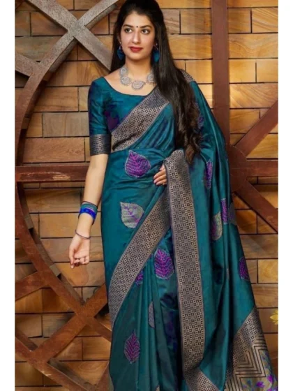 Women's Litchi silk Printed Saree With Unstitched Blouse (Rama Blue)