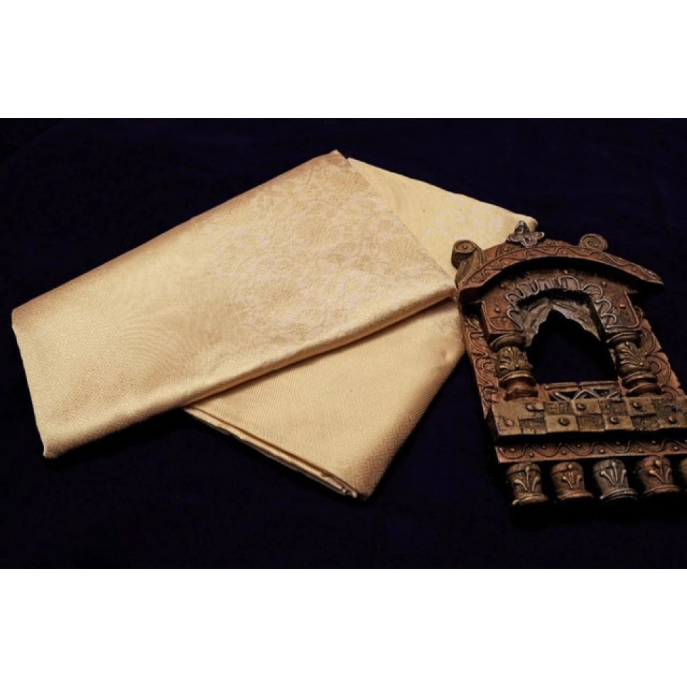 Women's Litchi silk Printed Saree With Unstitched Blouse (Gold) - Image 2