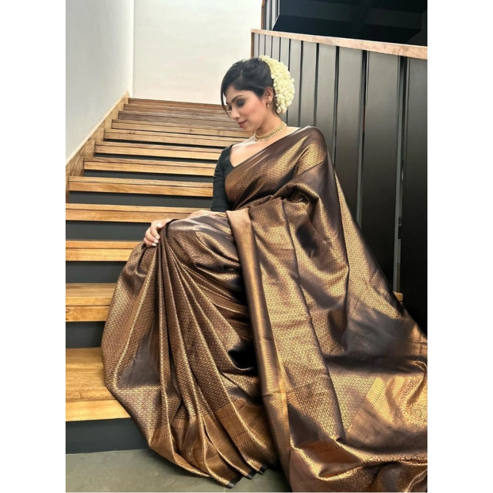 Women's Litchi silk Printed Saree With Unstitched Blouse (Gold) - Image 2