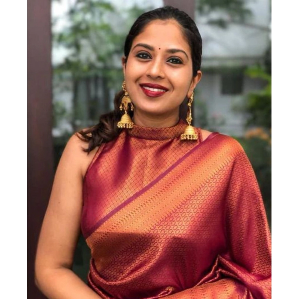 Women's Litchi silk Printed Saree With Unstitched Blouse (Red) - Image 3