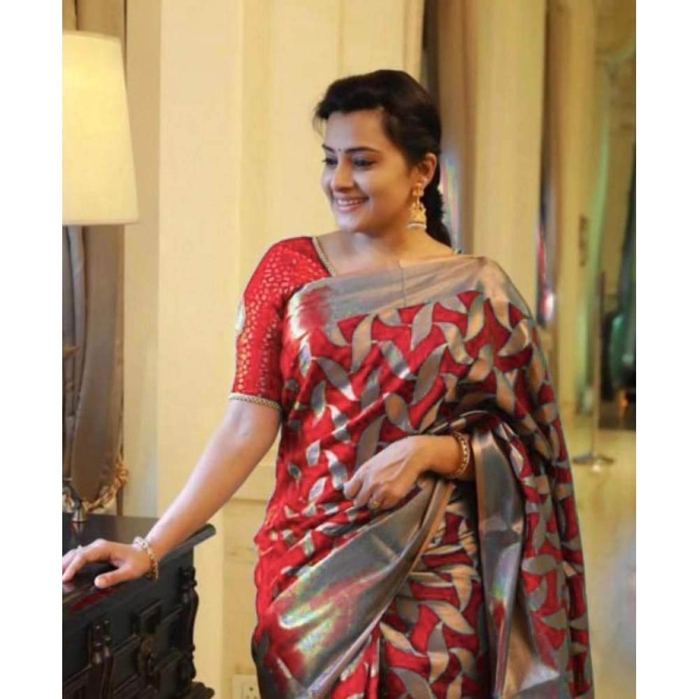 Women's Litchi silk Printed Saree With Unstitched Blouse (Red) - Image 2