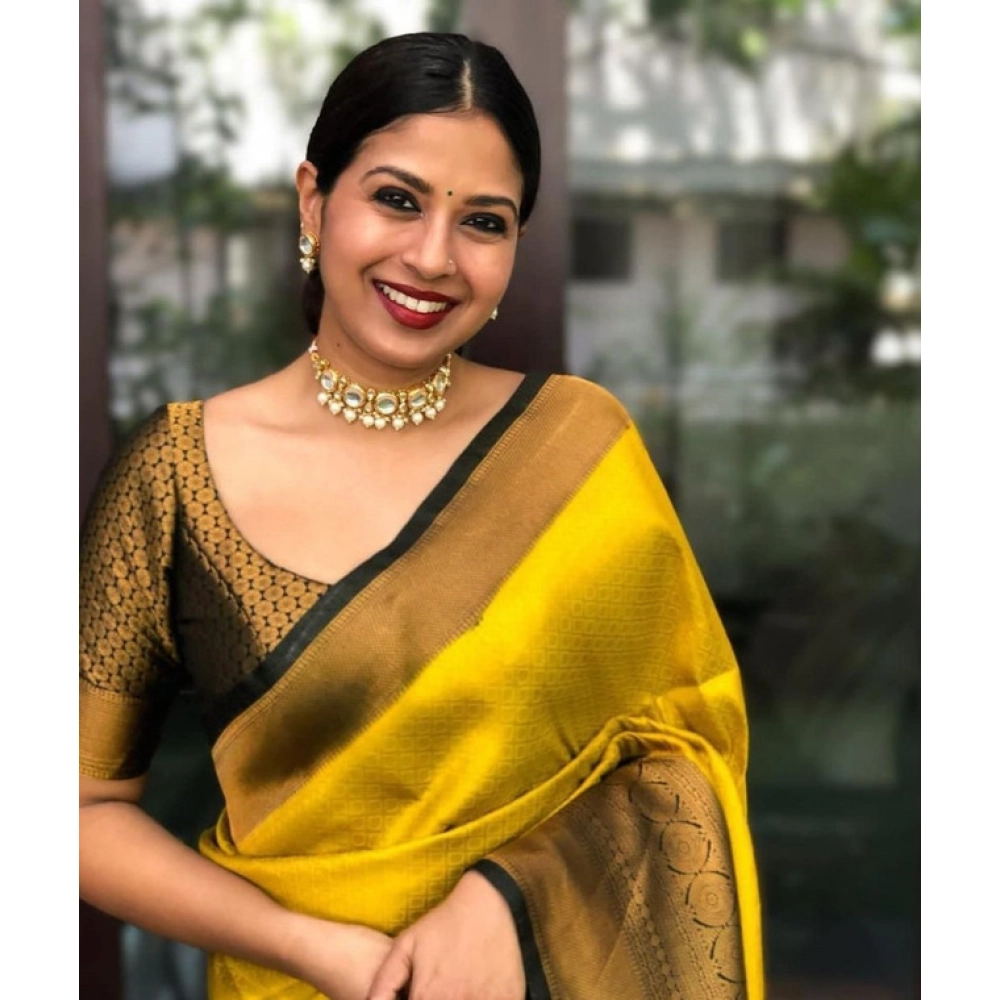 Women's Litchi silk Printed Saree With Unstitched Blouse (Yellow) - Image 2