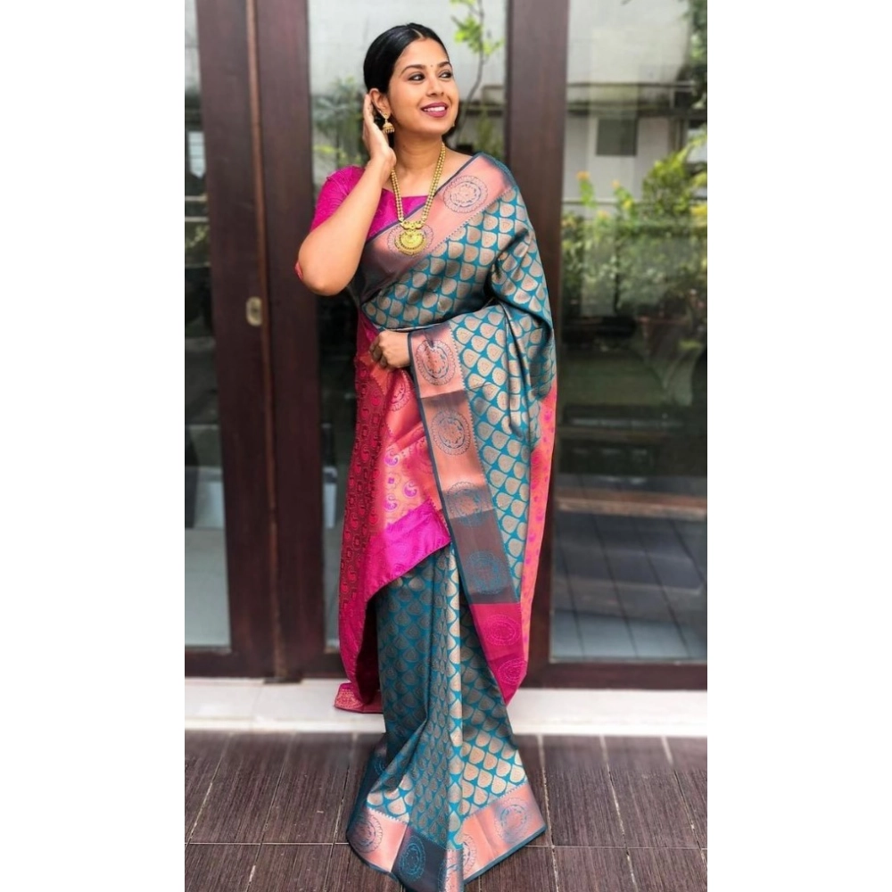 Women's Litchi silk Printed Saree With Unstitched Blouse (Blue) - Image 2